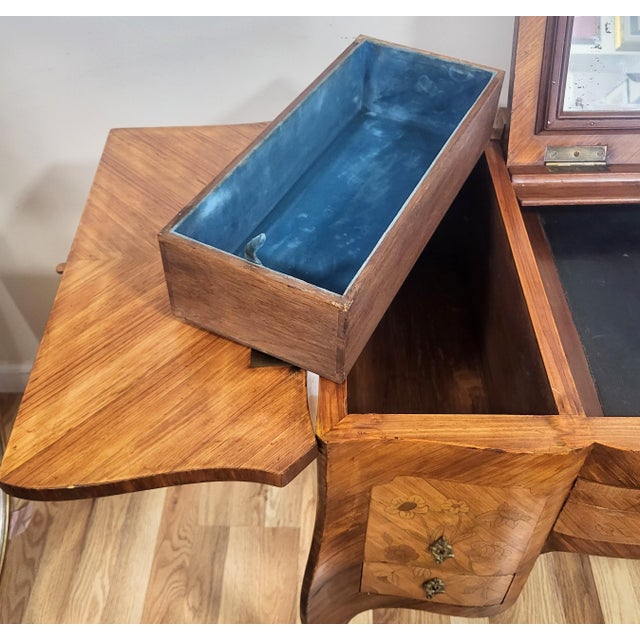 Antique French 19th C Louis XV Inlaid Tulipwood Poudre Vanity Lady Writing Desk For Sale - Image 13 of 18