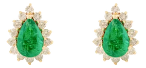 14k Gold Art Deco Zambian Emerald Halo Diamond Studs- 2 Pieces