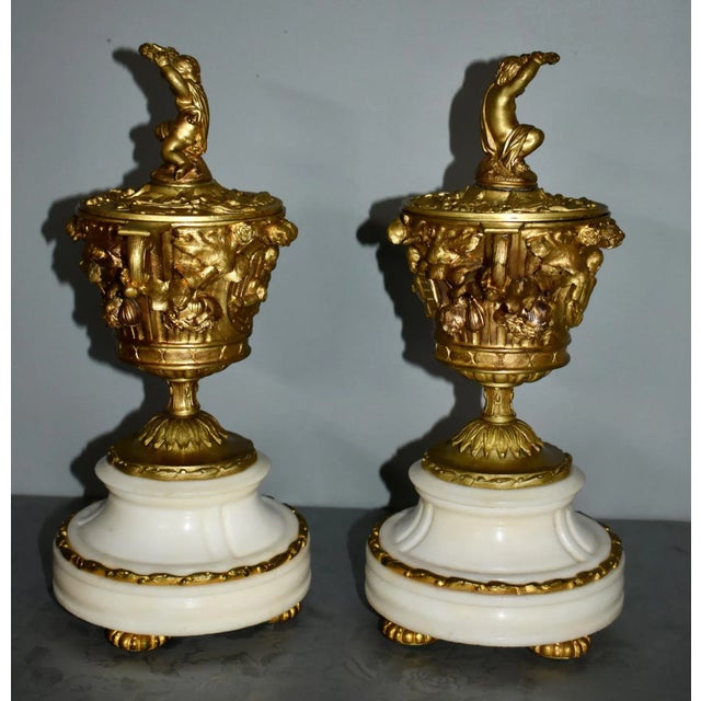 Antique French Cassolette Urns 1880s Gilt Bronze Cherub Marble Vases Lids Pair For Sale - Image 9 of 12