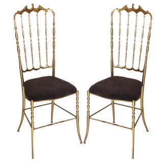 Set of Brass & Velvet Corduroy Chiavari Chairs, 1950s For Sale