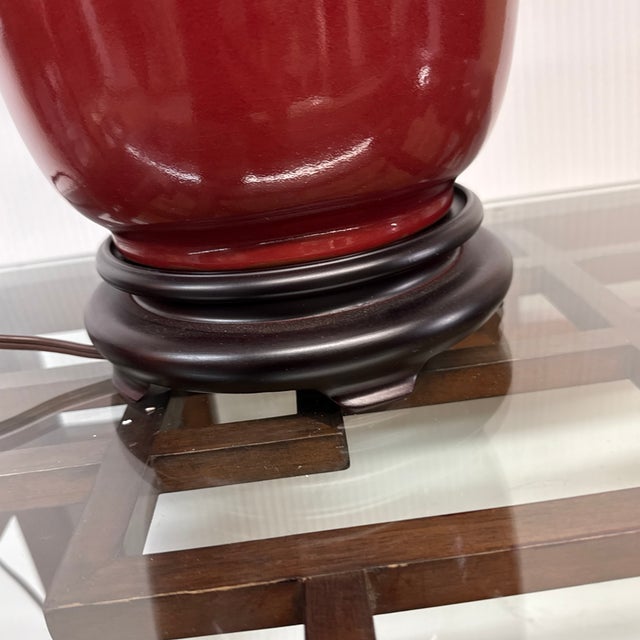 Oxblood Table Lamp With Bell Shade, Asian Influenced For Sale - Image 11 of 11