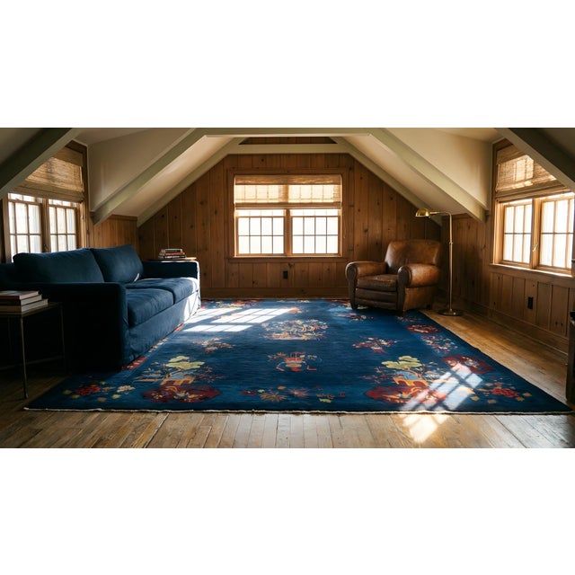 1920s Navy Blue Vase Floral Antique Chinese Art Deco Carpet 9' X 11'6" Handknotted Wool Rug For Sale - Image 12 of 14