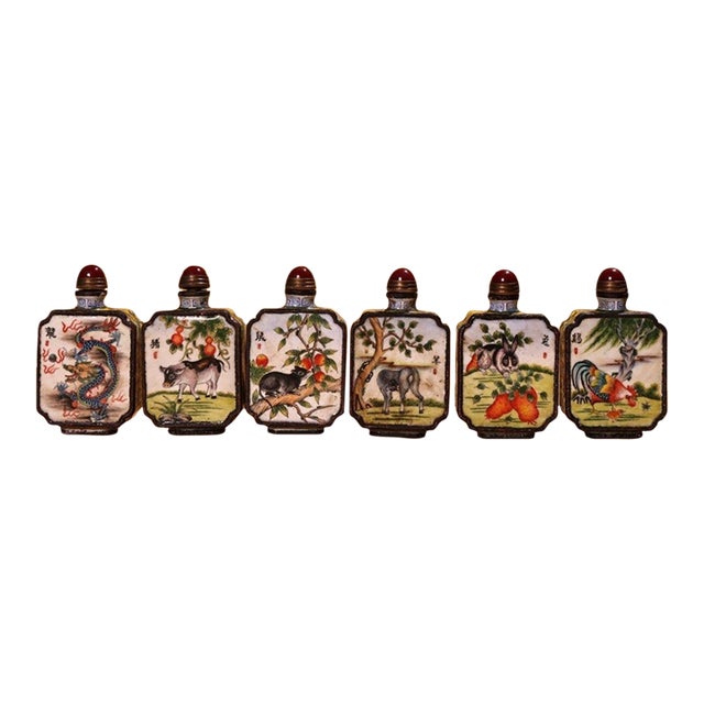 Set of 6 Antique Cloisonné Enamel Zodiac Snuff Bottles, 480g Total, 12 Designs For Sale