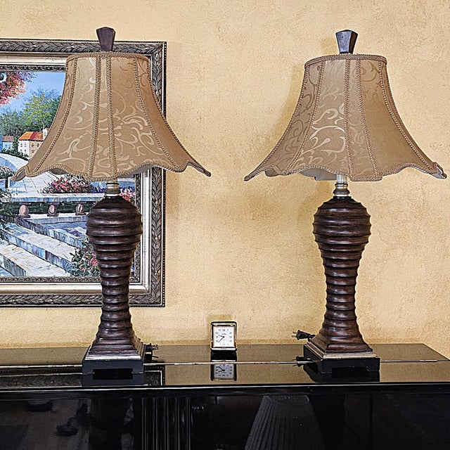 Vintage Uttermost Carved Wood-Finish Urn Table Lamps With Damask Shades – Pair For Sale - Image 18 of 18