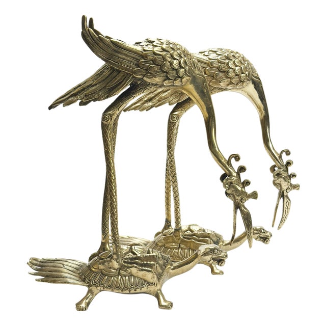 Mid-Century Modern Japanese Brass Crane and Turtle Sculptures, 1950s, Set of 2 For Sale