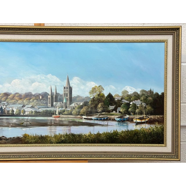 Painting of Figures & Boats on Truro Harbour with Cathedral by British Artist 1985 Circa For Sale - Image 15 of 18