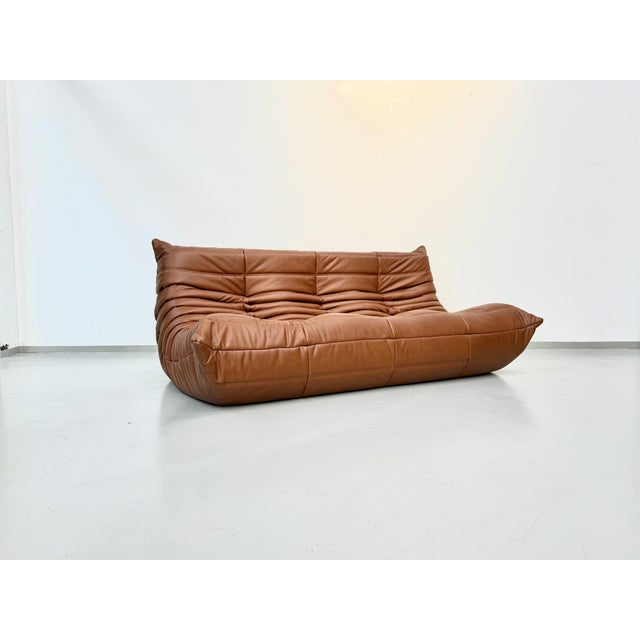 Mid-Century Modern Togo Three-Seater Sofa in Dark Cognac Leather by Michel Ducaroy for Ligne Roset For Sale - Image 3 of 12
