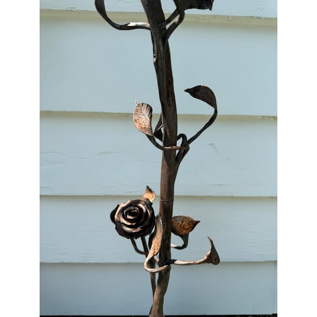 Art Nouveau 1940s Hand Forged Wrought Iron Rose Floor Candle Holder Sculpture Roots Blacksmith For Sale - Image 3 of 13