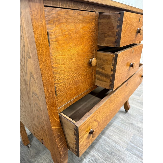 Antique Arts & Crafts Quarter Sawn White Oak Buffet With Beveled Mirror For Sale - Image 13 of 17