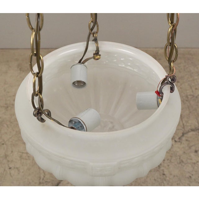 Metal Mid 20th Century Restored White Fluted Glass Bowl Brass Chain Pendant Light For Sale - Image 7 of 11