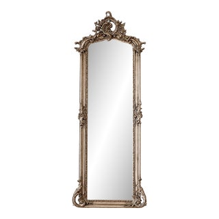 1980 European Artisan Baroque Silver Wood Floor Mirror For Sale