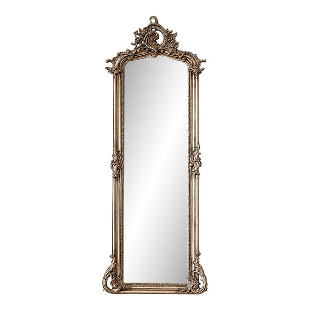 1980 European Artisan Baroque Silver Wood Floor Mirror For Sale