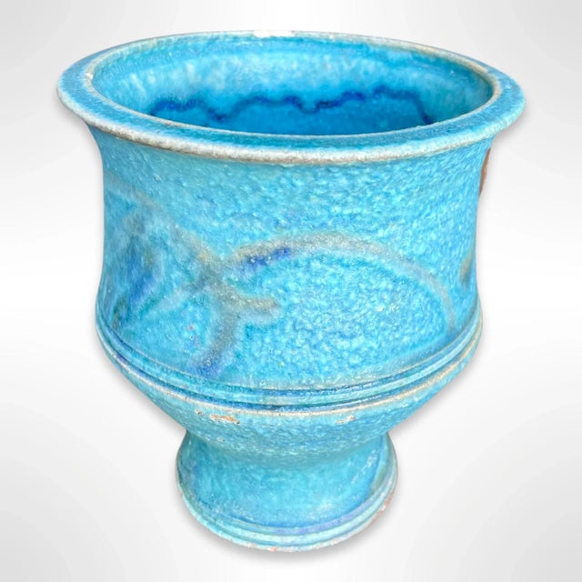 A vintage blue ceramic stoneware vase handcrafted by the artist Peter C. Vallez in 1994.