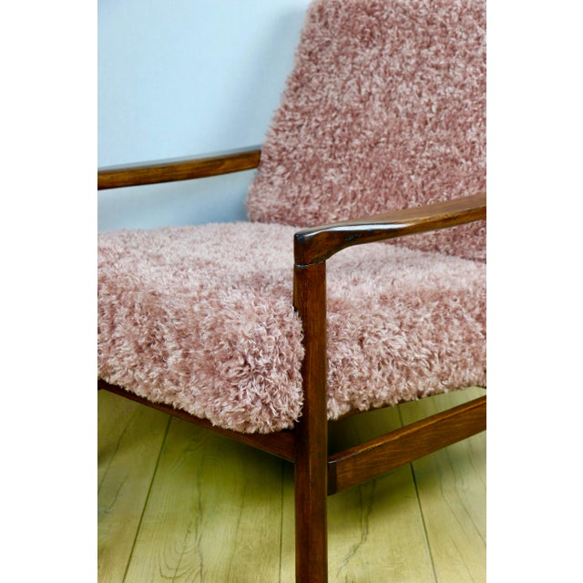 Vintage Wooden Armchair in Pink Long Hair Upholstery from Z. Bączyk, 1970s For Sale - Image 3 of 11