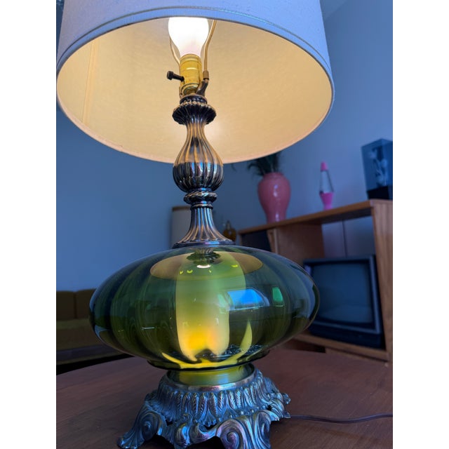 1970s Vintage Hollywood Regency Olive Blown Glass Table Lamp For Sale - Image 5 of 5