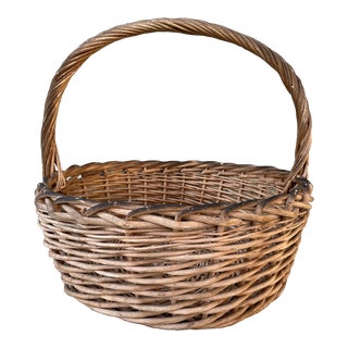 Vintage 1900s Jumbo Sized Natural Wicker Basket With Handle For Sale