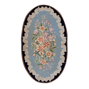Beautiful Baby Blue Background With Unique Flower Design Antique American Hooked Rug