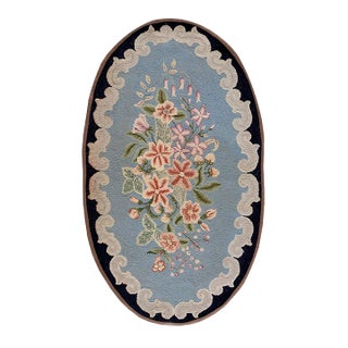 Vintage Mid Century Floral Light Blue Folk Art American Hooked Oval Rug For Sale