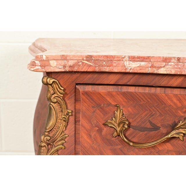 Paul Sormani Style Antique French Provincial Louis XV Kingwood Inlaid Marquetry Marble Top Commode With Mounted Ormolu | Circa 1920s For Sale - Image 9 of 17