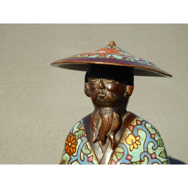 Metal Vintage Asian Bronze Cloisonne Man on a Mule Statue Figuerine For Sale - Image 7 of 12