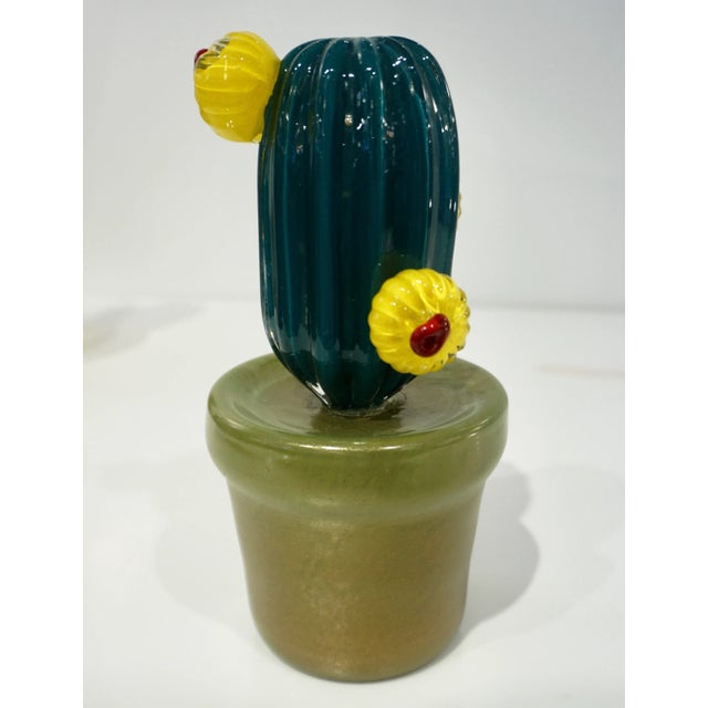 2000s Italian Teal Gold Green Murano Art Glass Cactus Plant With Yellow Flowers For Sale - Image 12 of 13