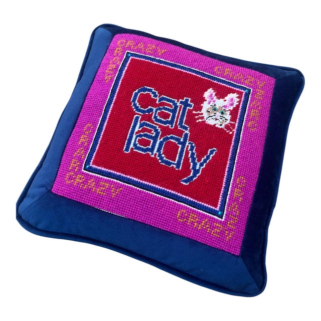 Contemporary Hand-Embroidered Needlepoint "Cat Lady" One-of-a-Kind Original Pillow For Sale - Image 3 of 4