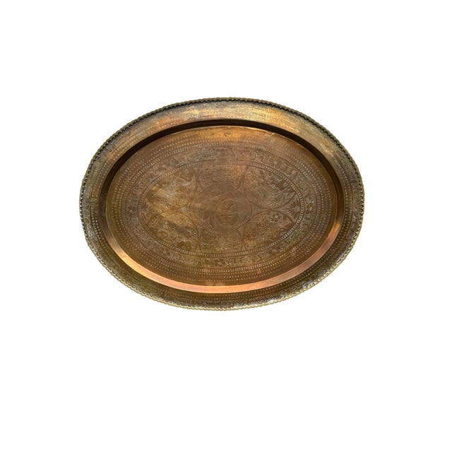 Monumental vintage hand-decorated brass wall platter from Hong Kong, measuring an impressive 39.5 inches across. The large...
