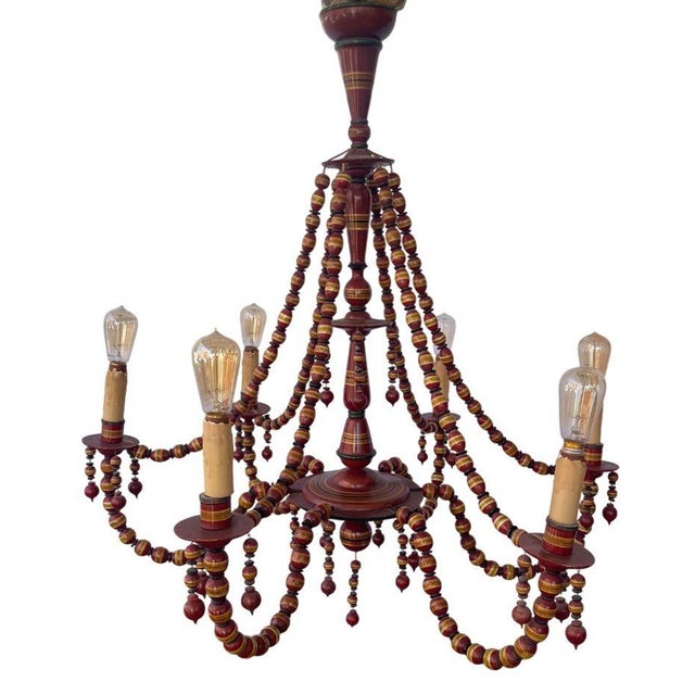 1950's Turkish Hand-Carved Wooden 6-Arm Chandelier Beaded & Hand-Painted For Sale - Image 4 of 6