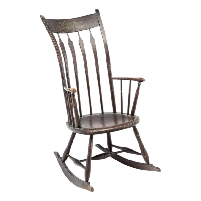 19thc Original Painted Bow Back Windsor Rocker With Stenciled Top Rung For Sale