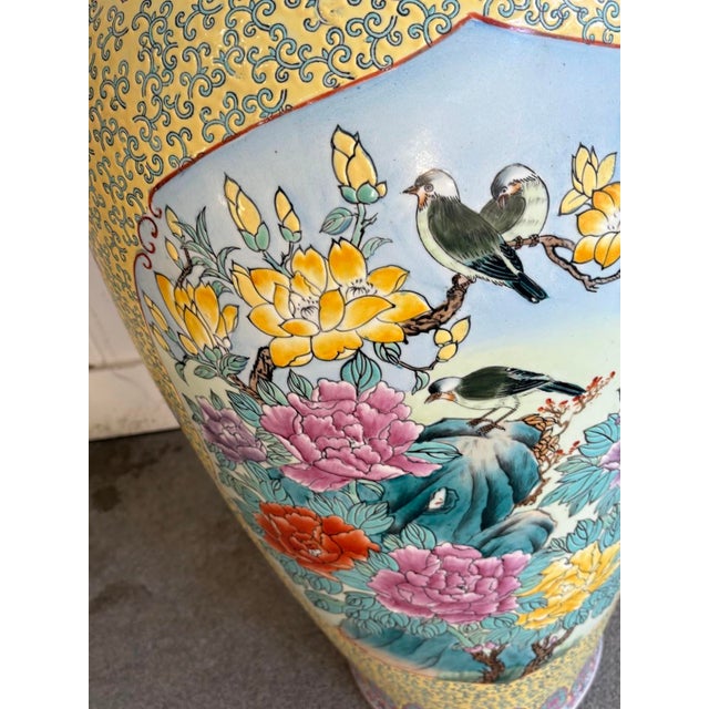 Early 20th-century Chinese yellow floral ceramic GIANT floor vase. Some mild discoloration to inside of vase as shown....