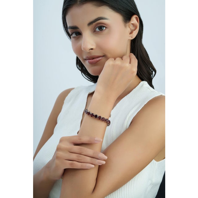 Red 925 Sterling Silver Round 52.45 Ct Red Garnet Tennis Bracelet Everyday Luxe Style For Sale - Image 8 of 14