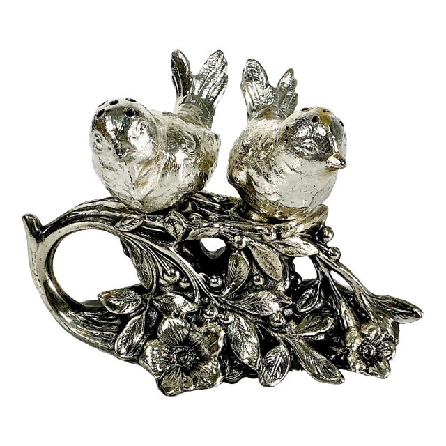 Mid-Century Italian Hollywood Regency Giacometti Style Birds on a Branch Salt & Pepper Shaker - 3 Piece Set For Sale