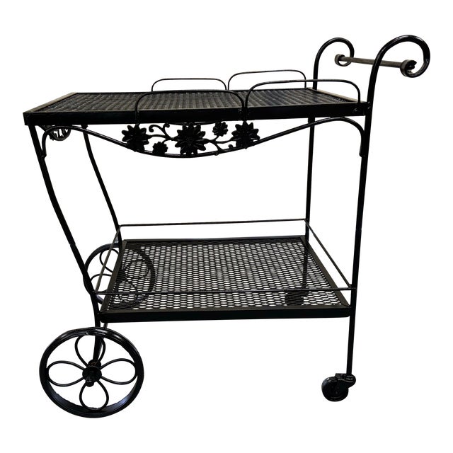 Vintage Mid Century Modern Salterini Style Outdoor Iron Bar Cart on Wheels For Sale