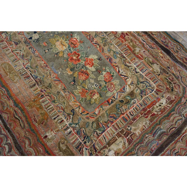 1890s Multicolor Floral Folk Art Antique American Hooked Rug 5' 8" X 8' 2" Wool Cotton Knotted Carpet For Sale - Image 4 of 7