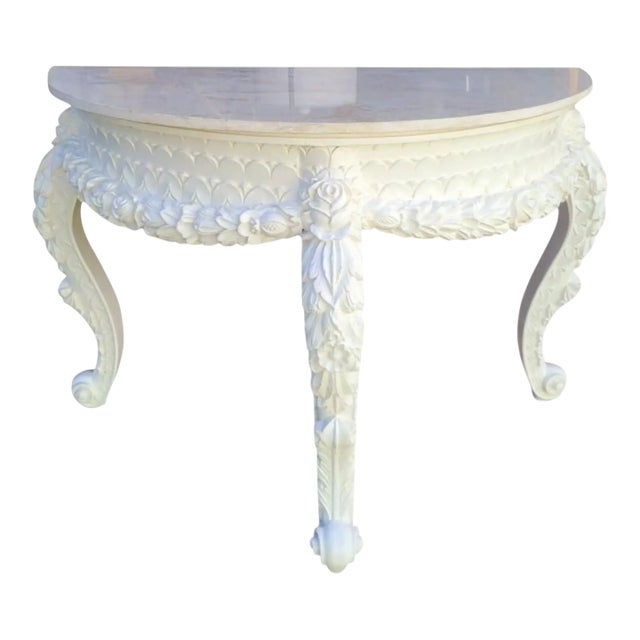 Rare Vintage Huge Hollywood Regency White Marble Top Rose Swag Scallop Demi-Lune Console Table For Sale