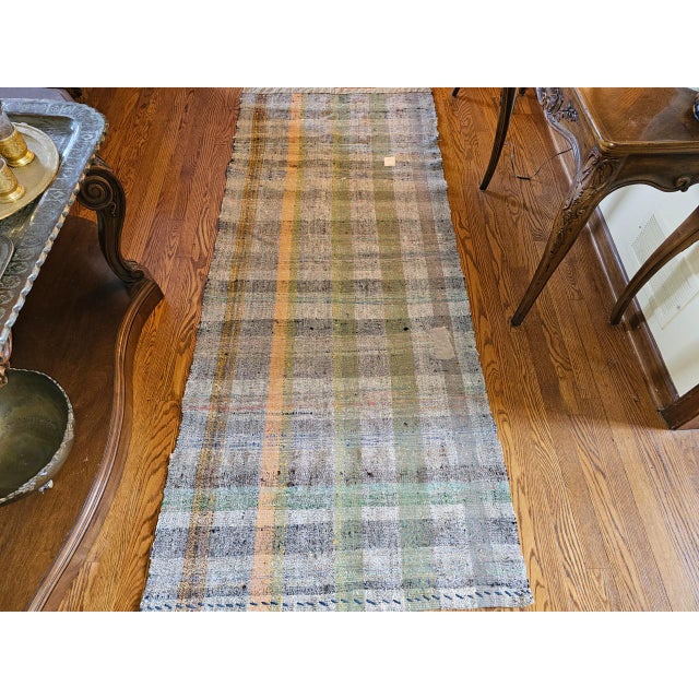 Vintage Turkish Kilim Runner, Flatwoven Wool, Stripe Pattern, Ivory & Green, 3x7 For Sale - Image 9 of 9