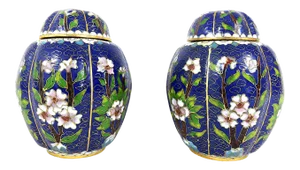 Old Chinese Blue Cloisonné Ribbed Gilt Ginger Jars With Pink & White Flowers, a Pair