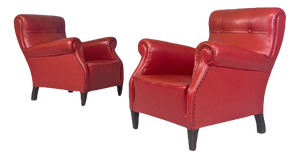 Set of Mid-Century Italian Modern Red Leather and Wood Armchairs, 1940s