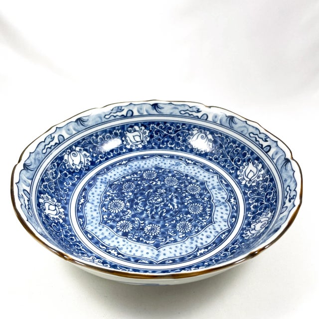 Asian Vintage Asian Imari Style Floral Blue & White Decorative Bowl For Sale - Image 3 of 6