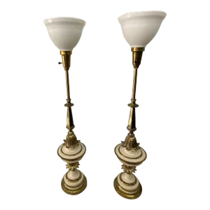1960s Stiffel Style Brass and Enamel Torchiere Table Lamps - a Pair