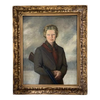 Large Oil Painting Portrait of a Scottish Socialite With Rifle by Jeanie Walkinshaw For Sale