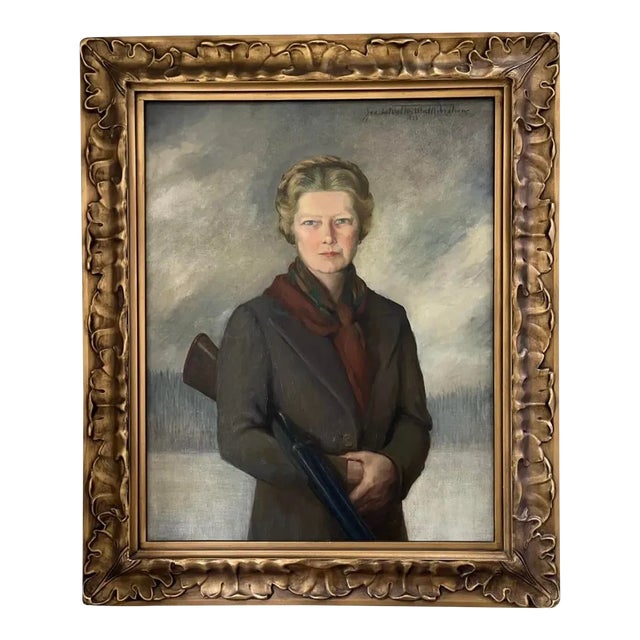 Large Oil Painting Portrait of a Scottish Socialite With Rifle by Jeanie Walkinshaw For Sale