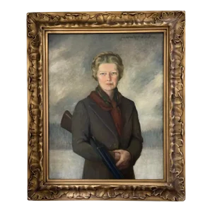 Large Oil Painting Portrait of a Scottish Socialite With Rifle by Jeanie Walkinshaw