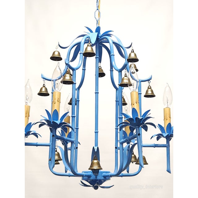 1960s Splendid Italian Tole Vintage Baby Blue Faux Bamboo Pagoda Brass Chandelier ~ Rewired ~ Restored ~ Rejuvenated ~ Ready to Hang ~ For Sale - Image 5 of 12