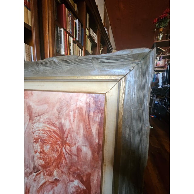 Portraiture 1940s Signed Rustic Oil on Canvas Portrait of Old Man in Carved Wood Frame, 26" X 32", Vintage Framed Figural Wall Art For Sale - Image 3 of 5