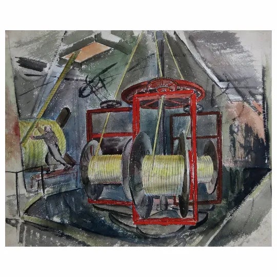 1960s John De Forest Stull "The Rope Machine" Watercolor Painting For Sale - Image 5 of 5