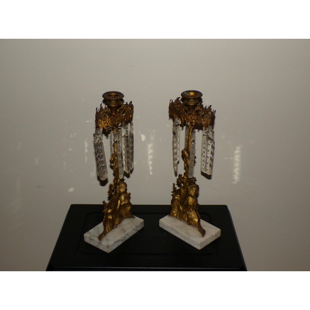 Pair Antique Victorian Girandoles Brass Marble Crystal Candelabra Candle Holders For Sale - Image 10 of 15