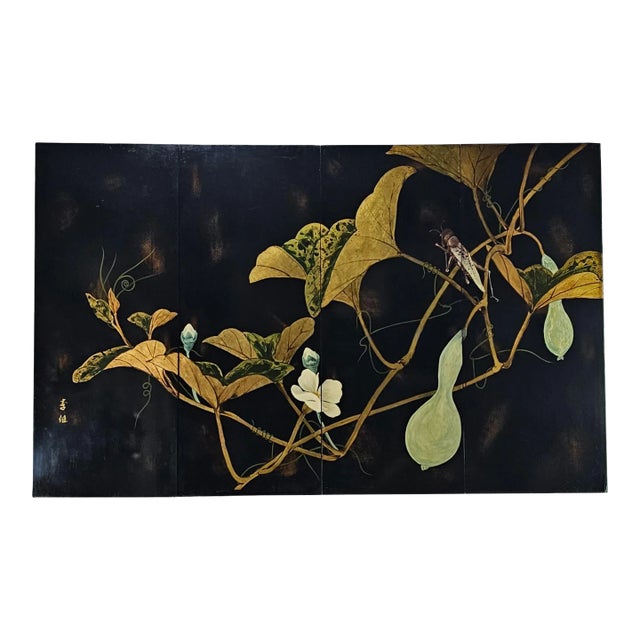 Rare Black Gilt Lacquer Ginkgo Wall Panels Signed Li Jia Chinese Modern Deco 64" For Sale