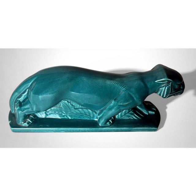 Mid 20th Century Art Deco Saint-Clément Style Panther France Green-Glazed Ceramic For Sale - Image 4 of 18