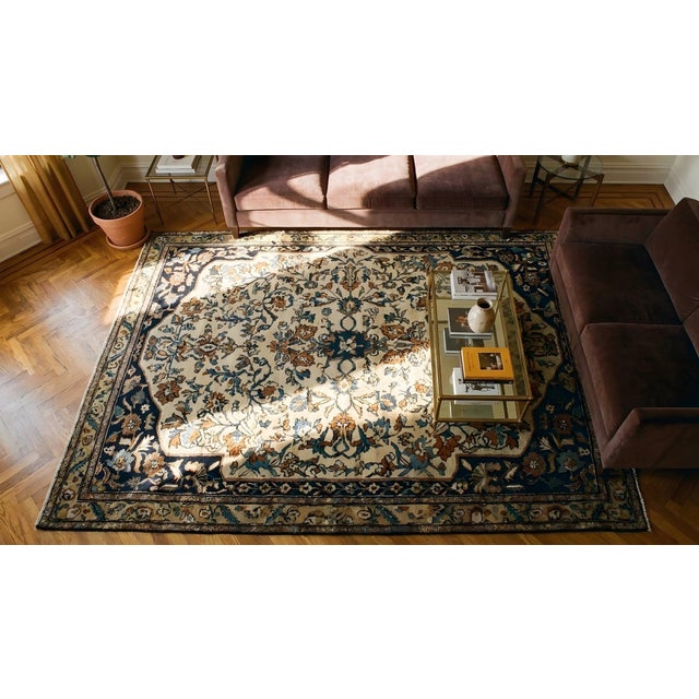Beautiful Beige and Blue Color With Special Florid and Medallion Design Antique Sarouk Farahan Rug For Sale - Image 12 of 13